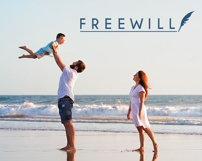 Free Will logo on photo of a family at the beach
